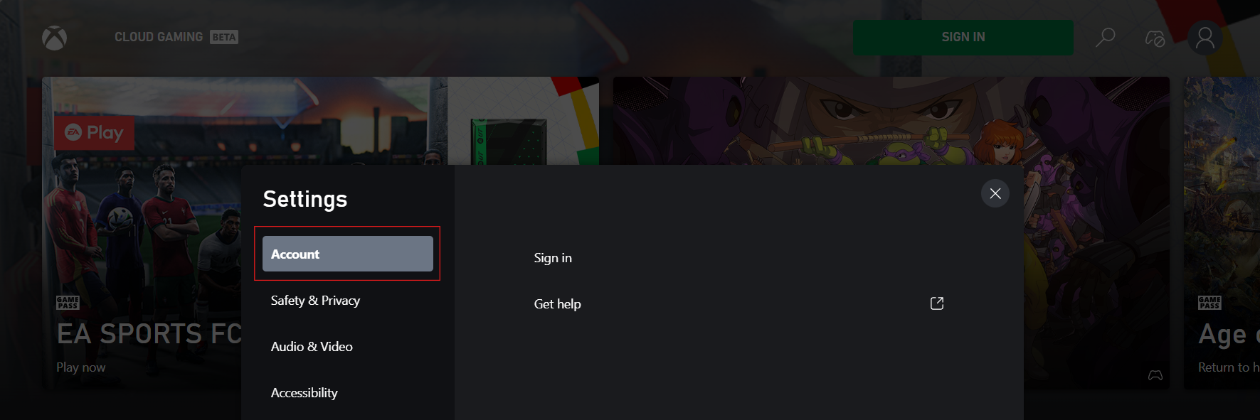 Screenshot of settings account tab being clicked