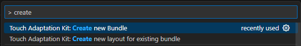Screenshot of the command palette with the create new bundle command selected