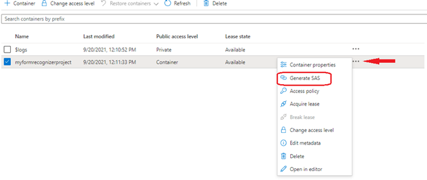 Screenshot of SAS token on the container level - Option 1