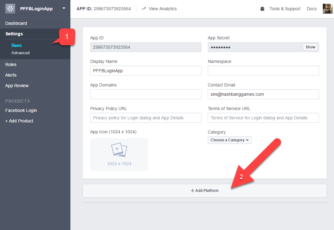 Facebook App Console add platform