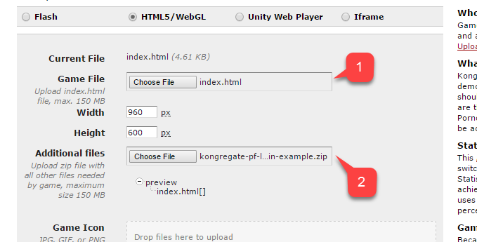 Kongregate application upload page - Add files