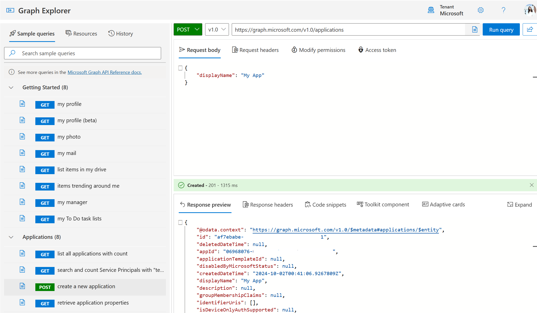 Screenshot of Graph Explorer running a POST query to create a new application.