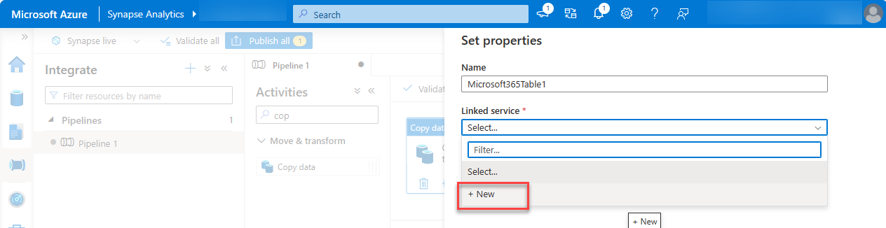 A screenshot of the Set properties pane with New highlighted.