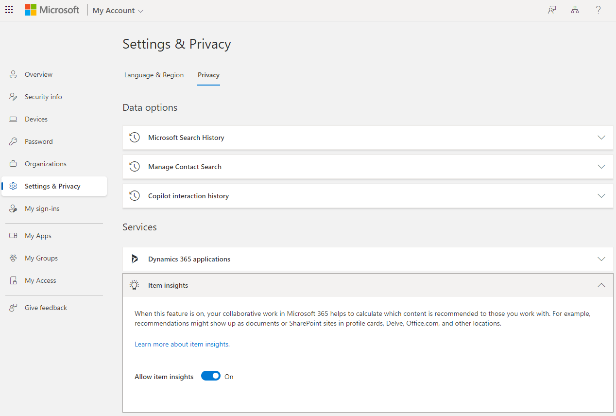 Settings & Privacy pane on the My Account page. Privacy tab is focused. Below Services, Item insights is expanded. "Allow item insights" set to "On."