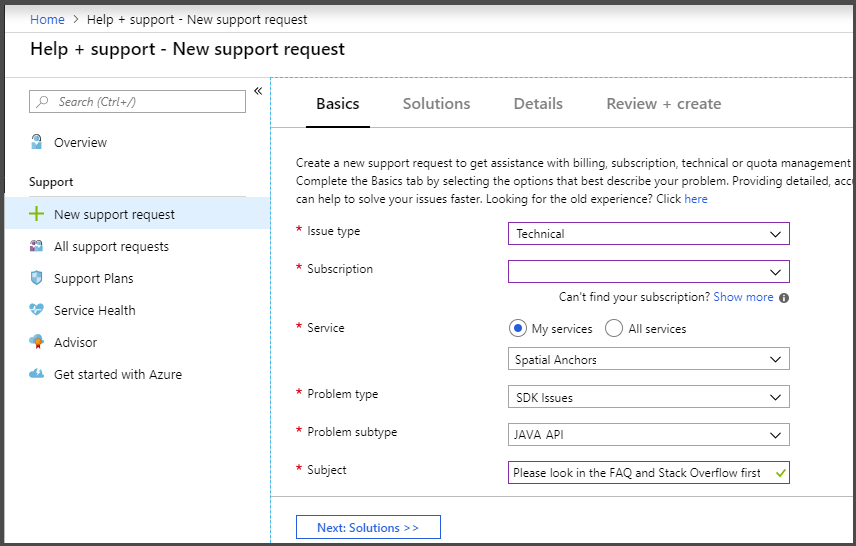 portale di Azure supportare i campi ticket.