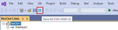 Screenshot che mostra la barra degli strumenti di Visual Studio con l'opzione di selezione salva tutto.