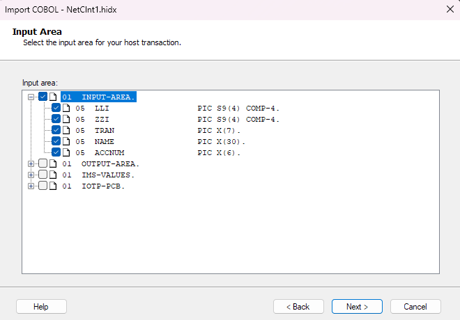 Screenshot che mostra la casella Area di input per la transazione host IMS.