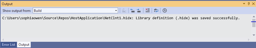 Screenshot che mostra la finestra Output di Visual Studio con il percorso del file HIDX.
