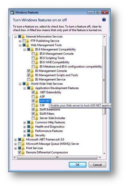 Screenshot del riquadro Funzionalità di Windows con la funzionalità di sviluppo A S P dot Net selezionata nel menu espanso.