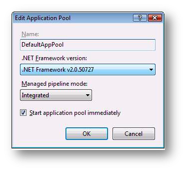 Screenshot della finestra di dialogo Modifica pool di applicazioni con il punto N E T Framework selezionato evidenziato.