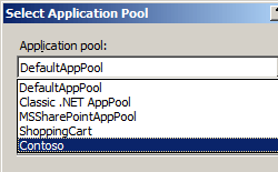 Screenshot del campo Pool di applicazioni della finestra di dialogo Seleziona pool di applicazioni, che contiene un menu a discesa delle opzioni disponibili.