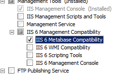 Screenshot del riquadro Strumenti di gestione espanso nella pagina Selezione servizi ruolo e compatibilità metabase I S 6 selezionata.