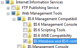 Immagine del riquadro Internet Information Services espanso con I Meta base I S ed I S 6 Configuration Compatibility evidenziato.