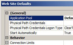 Screenshot della finestra di dialogo Impostazioni predefinite sito Web con il pool di applicazioni evidenziato.