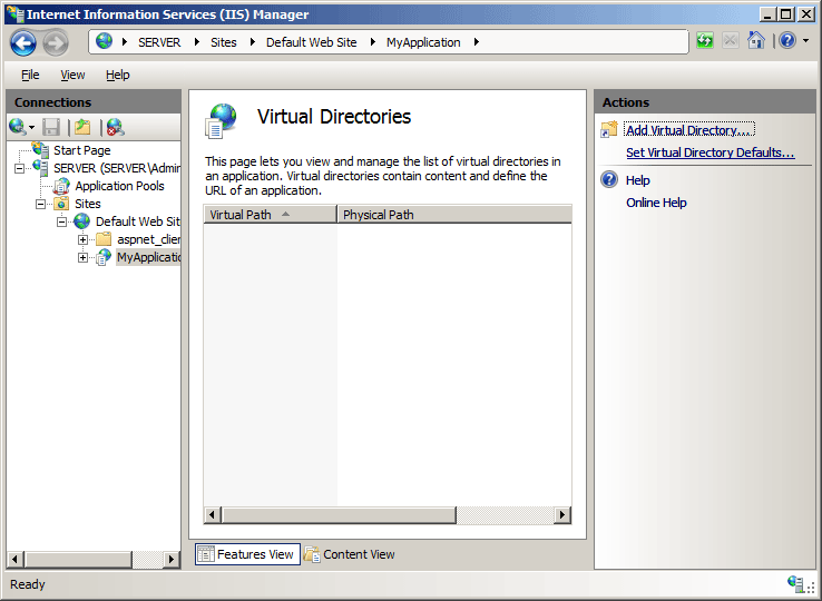 Screenshot di I S Manager che mostra le directory virtuali nel riquadro principale. Nel riquadro Azioni è selezionata l'opzione Aggiungi directory virtuale.