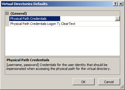 Screenshot della finestra di dialogo Impostazioni predefinite directory virtuali. È selezionata l'opzione Credenziali percorso fisico.