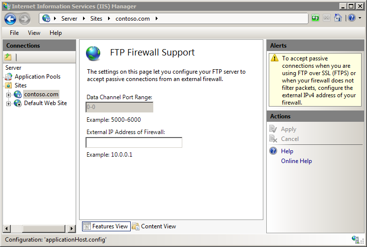 Screenshot del riquadro Supporto firewall F T P con l'intervallo di porte del canale dati impostato su un valore pari a 0 trattino 0.