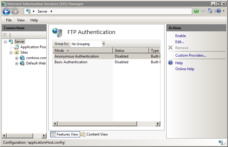 Screenshot della finestra I S Manager che mostra la pagina F T P Authentication (Autenticazione F T P).