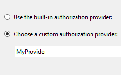 Immagine della finestra di dialogo Impostazioni funzionalità di autorizzazione con il campo Scegliere un provider di autorizzazioni personalizzato scelto e un provider personalizzato selezionato dall'elenco.