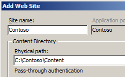 Screenshot che mostra la finestra di dialogo Aggiungi sito Web. Contoso viene immesso nella casella di testo Nome sito.