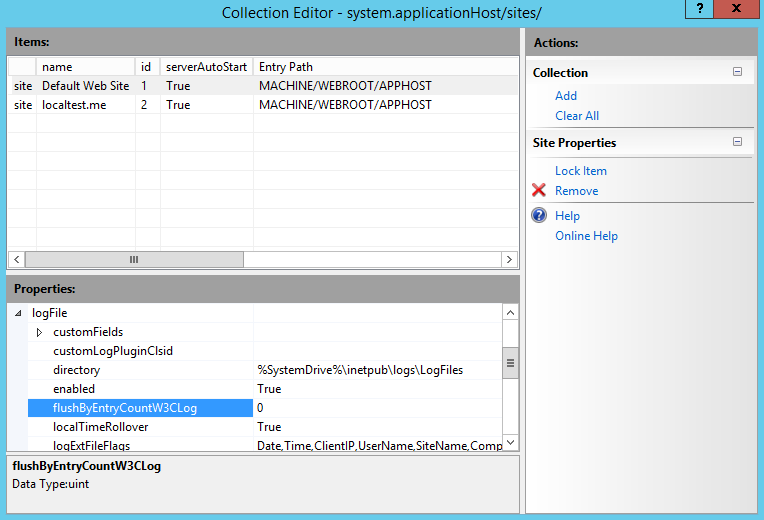 Screenshot della finestra Editor raccolta. Flush By Entry Count W 3 C Log è evidenziato nel campo Proprietà.