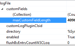 Screenshot del riquadro File di log con il nodo Campi personalizzati espanso e max Custom Field Length selezionato.
