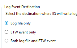 Screenshot che mostra il riquadro Registrazione. Il file di log è selezionato solo per La destinazione evento log.