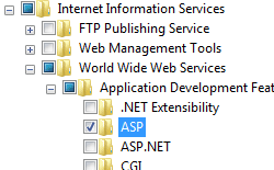 Screenshot del riquadro Funzionalità di sviluppo applicazioni e Internet Information Services espanso con A S P selezionato.
