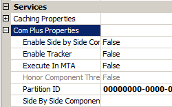 Screenshot del riquadro A S P che mostra la sezione Com Plus Properties evidenziata.