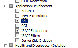 Screenshot della pagina Seleziona servizi ruolo che mostra il nodo Sviluppo applicazioni espanso e A S P selezionato.