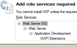 Screenshot dell'opzione Aggiungi servizi ruolo richiesti da una finestra di dialogo S P con Server Web I S selezionato.