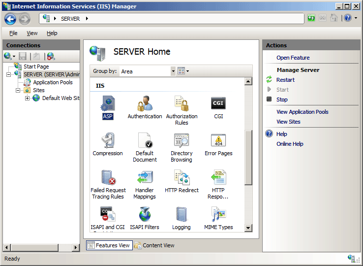 Screenshot del riquadro Home SERVER con A S P selezionato.