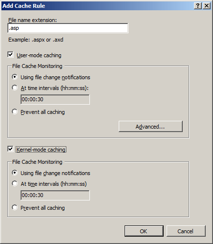 Screenshot della finestra di dialogo Aggiungi regola cache. La memorizzazione nella cache in modalità utente e la memorizzazione nella cache in modalità kernel vengono controllate.