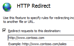 Screenshot del riquadro Reindirizzamento H T T P. La casella accanto a Reindirizzare le richieste a questa destinazione viene selezionata.