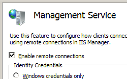 Screenshot della pagina I S Management Service che mostra l'opzione Abilita connessioni remote selezionata.