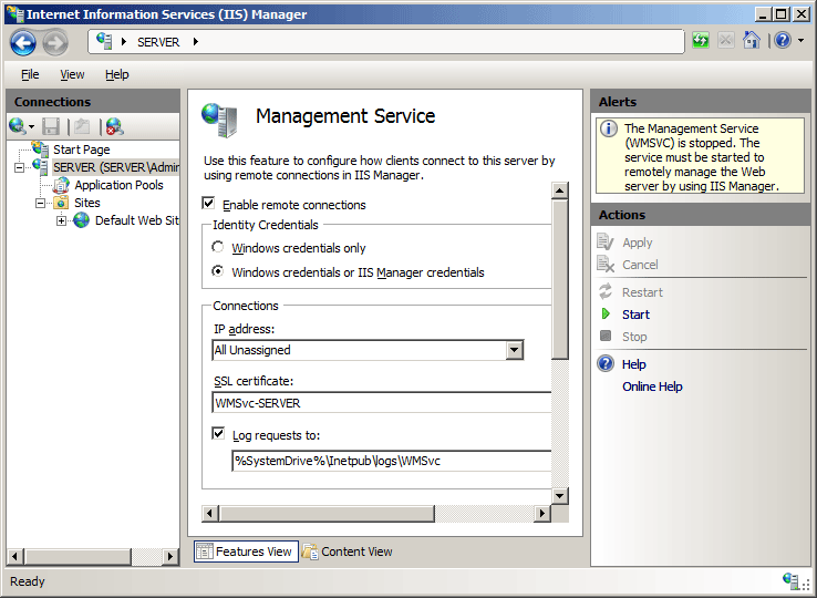 Screenshot del riquadro Servizio di gestione in I S Manager.