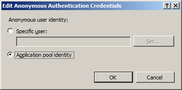 Screenshot dell'impostazione dell'identità utente anonima sull'identità del pool di applicazioni.