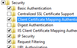 Screenshot del riquadro Servizi Web globale espanso e Autenticazione mapping certificati client selezionata.