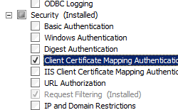 Immagine della pagina Selezione servizi ruolo con il riquadro Sicurezza espanso e l'opzione Autenticazione mapping certificati client selezionata.