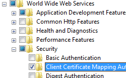 Screenshot del riquadro Internet Information Services espanso e Autenticazione mapping certificato client evidenziata.