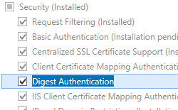 Immagine del riquadro Server Web e Sicurezza espansa con l'opzione Autenticazione digest selezionata.