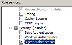 Immagine della pagina Seleziona servizi ruolo in cui è selezionata l'opzione Autenticazione digest.