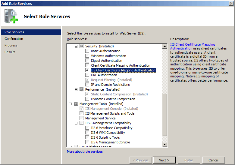 Screenshot dell'Aggiunta guidata servizi ruolo con l'opzione Autenticazione mapping certificati client I S evidenziata.