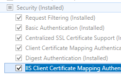 Immagine del riquadro Server Web e Sicurezza espanso e I S Client Certificate Mapping Authentication selezionato.