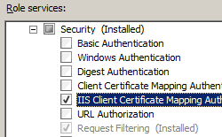 Immagine della pagina Selezione servizi ruolo con L'autenticazione di mapping dei certificati client di I S selezionata.