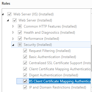 Screenshot della pagina Ruoli server con Sicurezza espansa nel menu. L'autenticazione di mapping dei certificati client di I S è evidenziata e selezionata.