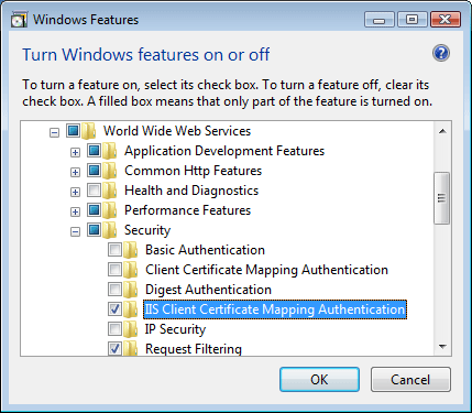 Screenshot della finestra di dialogo Funzionalità di Windows con L'autenticazione di mapping dei certificati client di I S evidenziata.