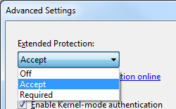 Screenshot della finestra di dialogo Impostazioni avanzate. Nel menu a discesa Protezione estesa, l'opzione Accetta è evidenziata.