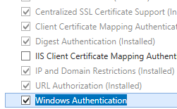 Screenshot che mostra il riquadro Server Web e Sicurezza espanso con l'opzione Autenticazione di Windows selezionata.