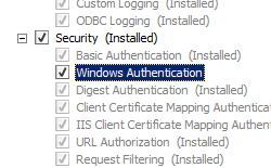 Screenshot che mostra la pagina Seleziona servizi ruolo della Procedura guidata Aggiungi servizi ruolo con il riquadro Sicurezza espanso e l'opzione Autenticazione di Windows selezionata.